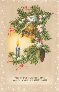 Vintage German Christmas Postcard Frohe Weihnachten Bell Candle Berwyn IL 1916
