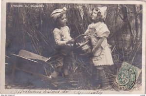 RP; L'Heure du Dejeuner, Children with a picnic basket ready to eat lunch, ...