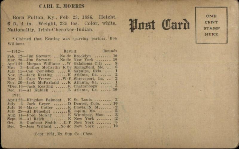 Boxing - Boxer Carl Morris Tulsa OK w/ Info on Back 1921 Exhibit Postcard