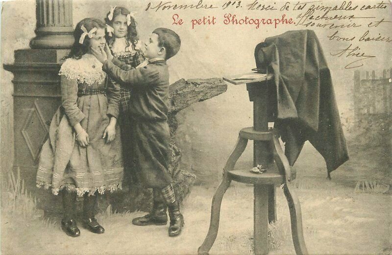 France 1903 Boy Photographer Posing Girl Camera Postcard undivided 22-4109 