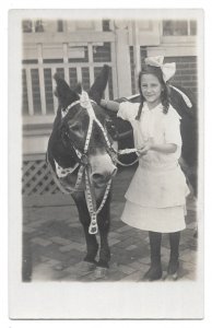 Young Girl with Pigtails, Pet Donkey, Unused AZO Real Photo Post Card RPPC c1912