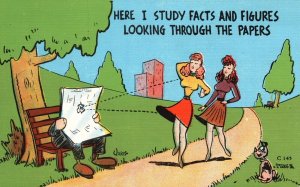 Sexy Ladies Walking on the Street Man Reading Newspaper Comic Vintage Postcard