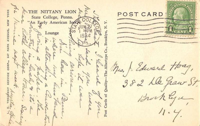 State College Pennsylvania Nittany Lion Interior Antique Postcard K42542