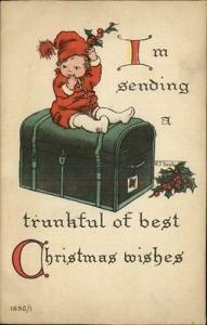 Christmas Greeting Baby Toddler on Trunk c1910 Old Postcard