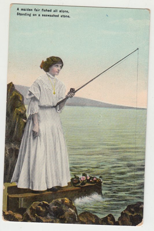 P3133 old postcard woman old fishing rod & reel fishing on a seswahed stone
