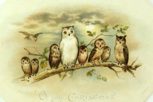 1870's-80's Superb Owls At Moonlight Die Cut Jolly Christmas Victorian Card F88 