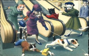 Alfred Mainzer No. 4893 Animal Fantasy Dressed Cats Escalator Mall Vintage PC