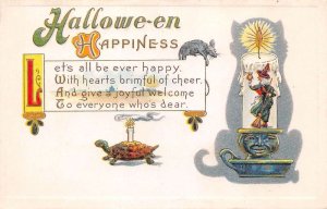 Hallowe'en Happiness Turtle W/ Candle, Rat, & Witch On Candlestick,PC U13129