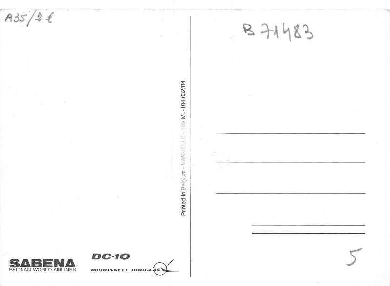 B71483 Sabena Dc-10 Macdonnell douglas plan Airplane Belgium