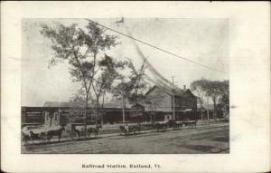 Rutland VT Horse Wagons & RR Train Station Depot c1910 Postcard