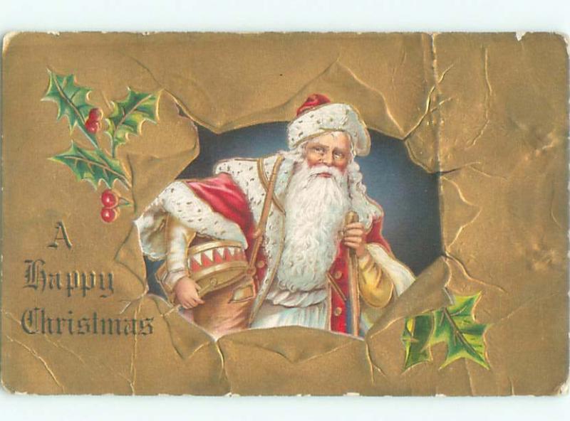 Pre-Linen Christmas SANTA CLAUS HOLDING DRUM UNDER HIS ARM AB4527