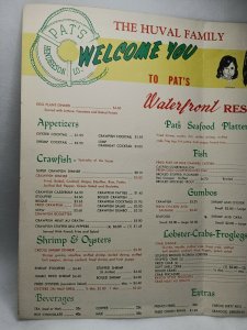 Vintage Restaurant Menu Pats Waterfront Henderson, Louisiana 50s-60s