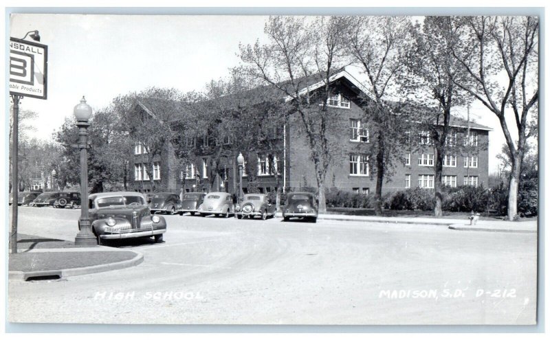 c1940's High School Building Cars Madison South Dakota SD RPPC Photo Postcard