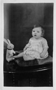 Little girl with toy bunny Child, People Photo Pencil mark on back 