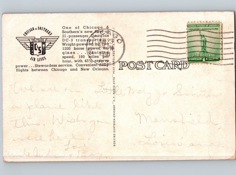 c1941 Chicago & Southern C&S Douglas DC-3 DC3 Airplane Plane Postcard