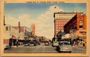 Postcard AZ Tucson Congress Street Drug Store Restaurant Theatre 1940s S112