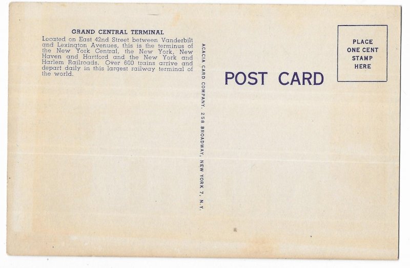 Grand Central Terminal, New York City, unused linen Acacia Postcard