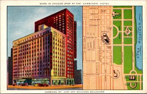 Linen Postcard Harrison Hotel and Map of Area in Chicago, Illinois