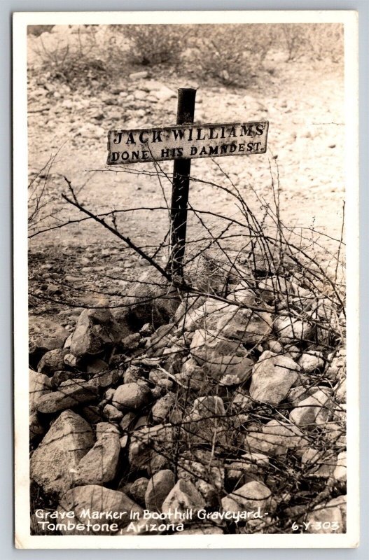 RPPC Jack Williams Marker Boothill Graveyard Tombstone AZ C1950's Postcard R22