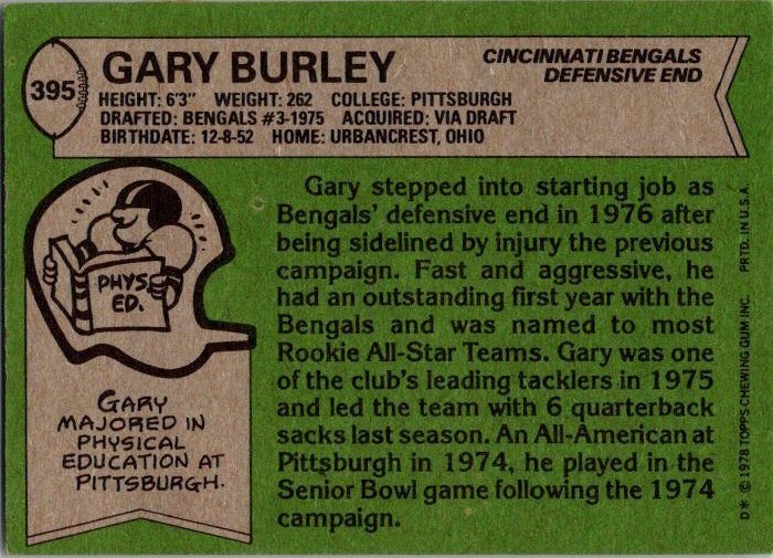 1978 Topps Football Card Gary Burley Cincinnati Bengals sk7041