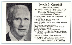 c1940 Joseph Campbell Republican Candidate Maine Political Advertising Postcard