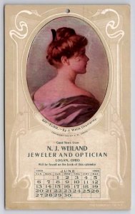 Logan OH N.J. Weiland Jeweler Optician June 1909 Calendar Art Postcard G36