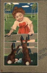 Easter Children Rabbit Embossed Vintage Postcard