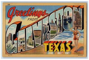 1940 Greetings From Galveston Texas Banner Large Letter Antique Vintage Postcard 