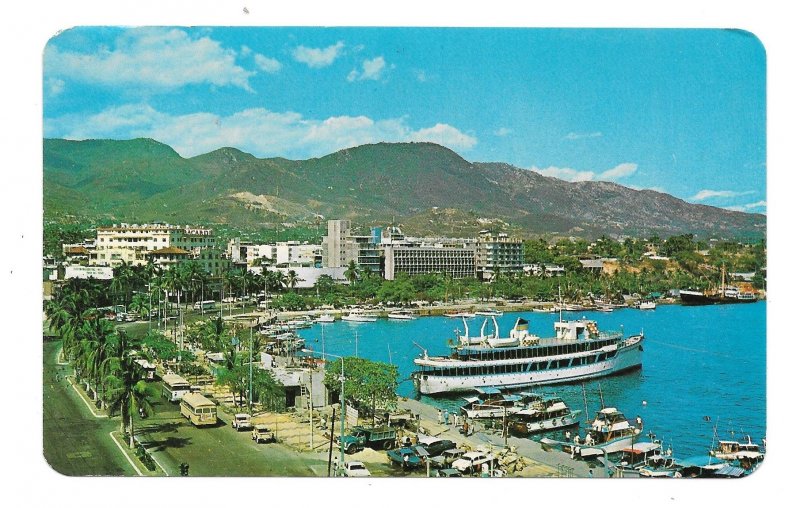 Acapulco Guerrero Mexico Miguel Aleman Boulevard Malecon Ship in Harbor Postcard