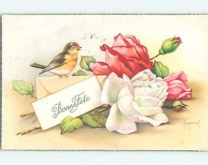 Pre-Linen foreign signed BIRD SITTING BY PINK AND WHITE ROSE FLOWERS HL9452
