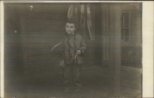 Little White Boy in Native American Indian Costume Pistol Gun c1910 RPPC