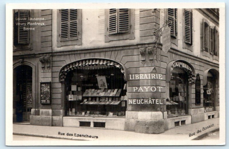 RPPC NEUCHATEL, Switzerland ~ Payot BOOK STORE c1930s Postcard