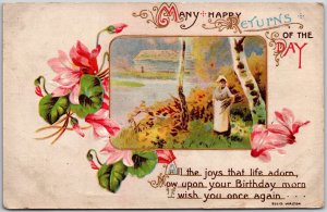 Many Happy Returns Of The Day Woman In Forest Riverside Greetings Postcard