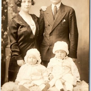 c1930s Lovely Family Portrait RPPC Serious Man Father Real Photo Cute Kids A159