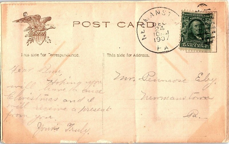 1907 MERRY CHRISTMAS DECEMBER 25 NEWMANSTOWN PA HEAVILY EMBOSSED POSTCARD 39-244