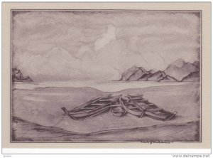 Wood-Block , Sketch of row boats at low tide, Deserted Beach by Willy Seile...