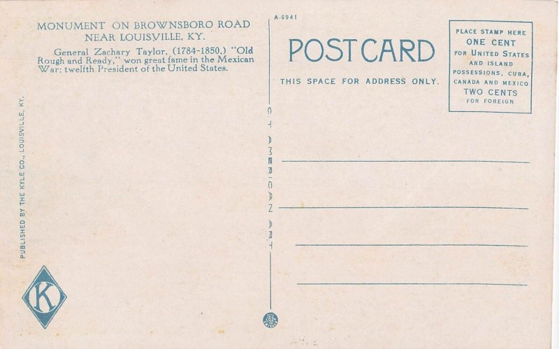 LOUISVILLE KENTUCKY~ZACHARY TAYLOR MONUMENT~1920 POSTCARD