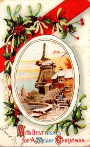 Merry Christmas With Holly and Village Scene 1911