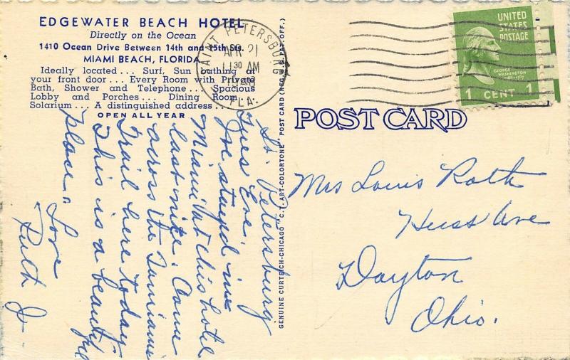 Miami Beach Florida 1940 Postcard Edgewater Beach Hotel 