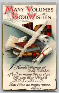 Postcard - Many Volumes of Good Wishes - Quill & Ink w Leather Bound Books