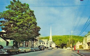 Stowe VT Main Street Mobil Gas Station Church Old Cars Postcard