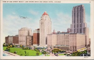 Chicago IL Oak Street Beach Lake Shore Drive Airplane Unused Linen Postcard H19