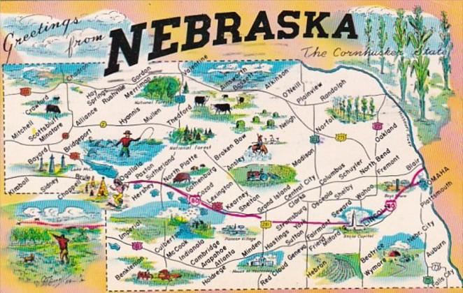 Greetings From Nebraska With Map 1959
