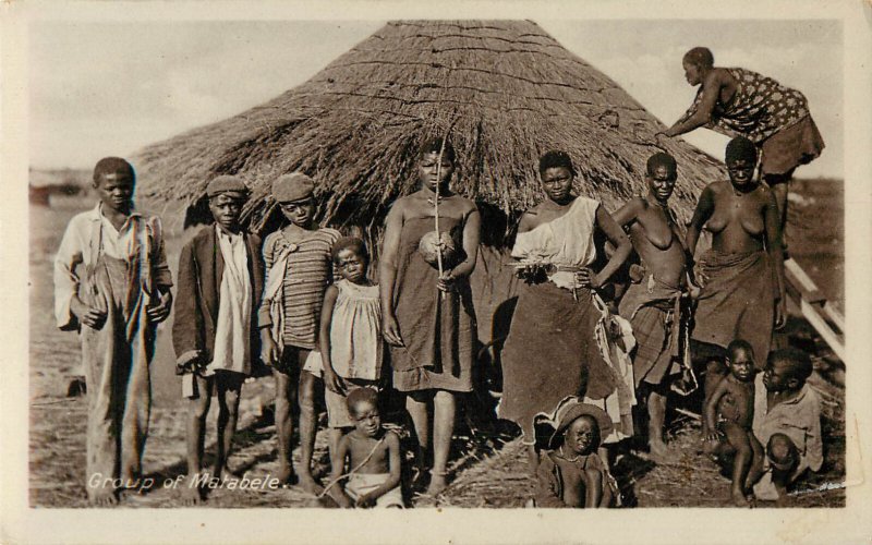 Tuck Edged Photo Glosso Postcard Buluwayo Group Of Matabele Villagers Zimbabwe