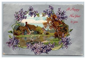 Vintage 1910 Winsch Back New Year Postcard Silver Face Purple Flowers Lake Boat