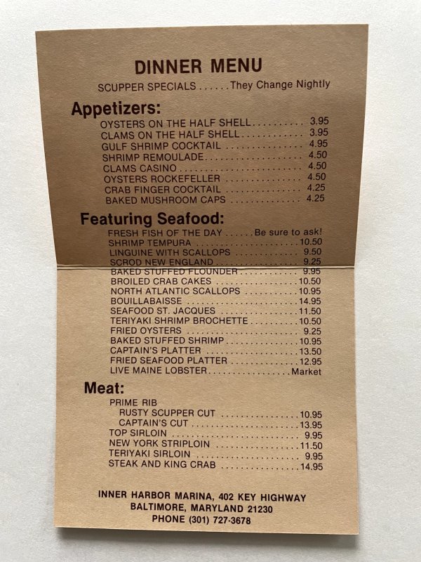 Vintage 80s The Rusty Scupper Lunch & Dinner Menu Baltimore Maryland  