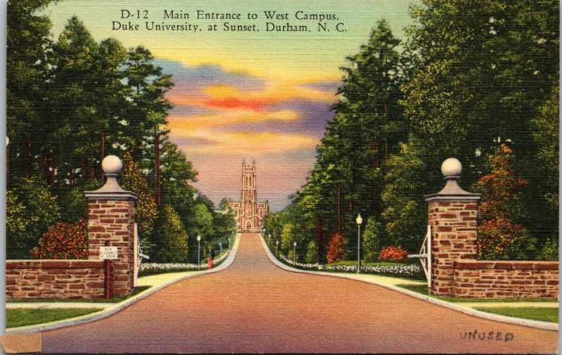 Vtg Main Entrance West Camp Duke University Durham North Carolina NC Postcard