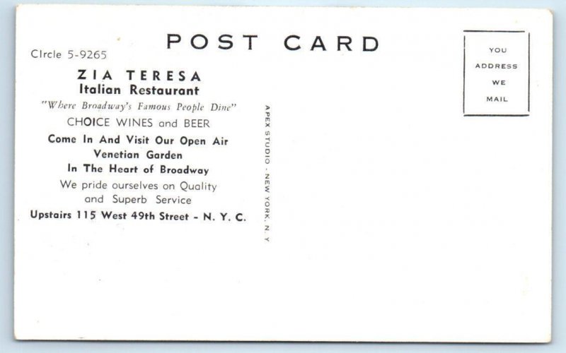 NEW YORK CITY, NY ~ Italian Restaurant ZIA TERESA Interior c1950s Postcard