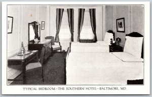 Vtg Baltimore Maryland MD Typical Bedroom View The Southern Hotel 1920s Postcard