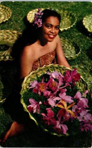 1950s Island Orchids Lady with Flowers Hawaii HI Postcard